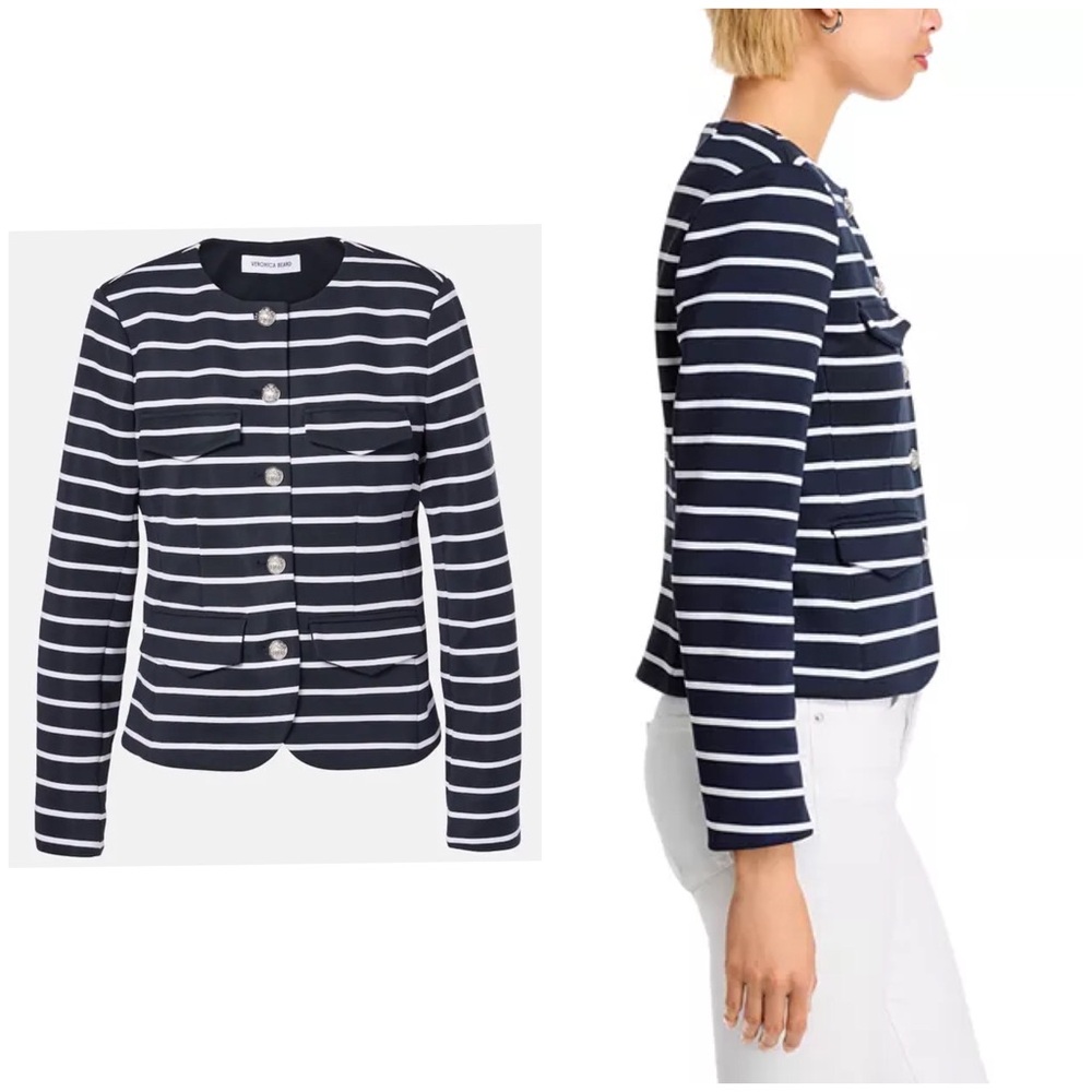 $448 NWT Veronica Beard Kensington Navy White Striped Knit Jacket Blazer Size XL